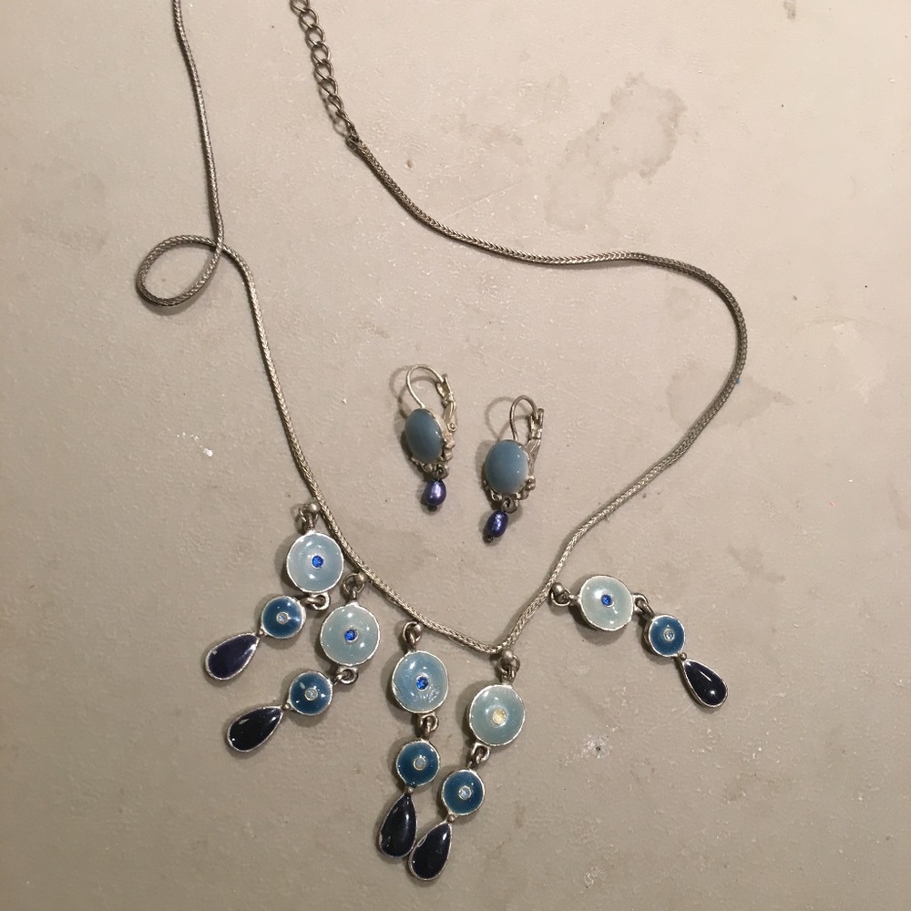 Blue enamel necklace and earrings